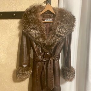 Vintage genuine leather and fur belted jacket